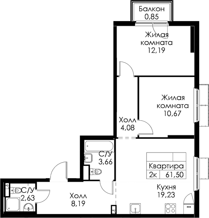 2-комнатная квартира 61.5 м², 11/15 эт., ЖК «Янинский лес»